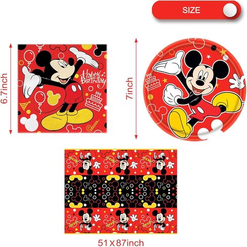 لوازم حفلات أعياد الميلاد ميكي، 16 طبق + 20 منديل + مفرش طاولة واحد، لوازم تزيين الحفلات ميكي. in Kuwait