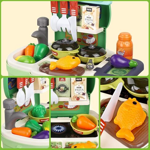 مجموعة لعب المطبخ، 3 في 1 ألعاب المطبخ التظاهري للأطفال الصغار، 34 قطعة من ملحقات الطبخ الواقعية للفتيات والأولاد من عمر 3 4 5 6 7 in Kuwait