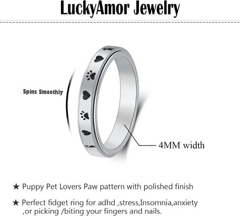 Spinner Ring for Women Anxiety Relief - 4mm width Carved moon star and Puppy Pet Lovers Paw Print Ring Stainless Steel Fidget Rings for Anxiety for Women Stress Relief Gift for Men Party Birthday Band Ring,Size 6-10 in Kuwait