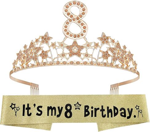 EBE EmmasbyEmma وشاح عيد الميلاد الثامن وتاج للفتيات - وشاح لامع رائع + السماء المرصعة بالنجوم حجر الراين الوردي تاج معدني فاخر للفتيات، هدايا عيد الميلاد الثامن لحفلة الأميرة in Kuwait