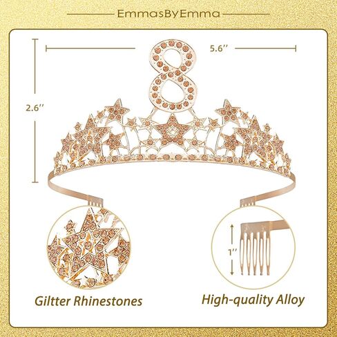 EBE EmmasbyEmma وشاح عيد الميلاد الثامن وتاج للفتيات - وشاح لامع رائع + السماء المرصعة بالنجوم حجر الراين الوردي تاج معدني فاخر للفتيات، هدايا عيد الميلاد الثامن لحفلة الأميرة in Kuwait