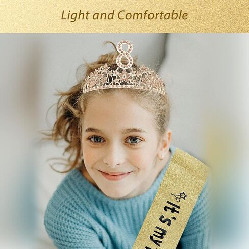 EBE EmmasbyEmma وشاح عيد الميلاد الثامن وتاج للفتيات - وشاح لامع رائع + السماء المرصعة بالنجوم حجر الراين الوردي تاج معدني فاخر للفتيات، هدايا عيد الميلاد الثامن لحفلة الأميرة in Kuwait