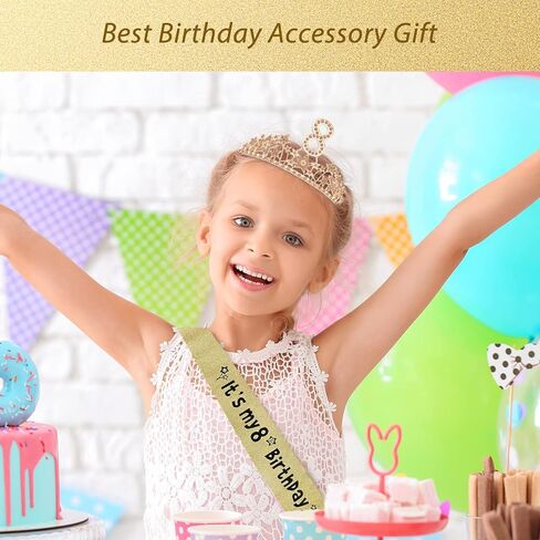 EBE EmmasbyEmma وشاح عيد الميلاد الثامن وتاج للفتيات - وشاح لامع رائع + السماء المرصعة بالنجوم حجر الراين الوردي تاج معدني فاخر للفتيات، هدايا عيد الميلاد الثامن لحفلة الأميرة in Kuwait