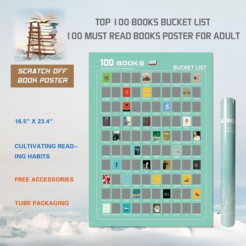 ملصق LOADWRITE 100 كتاب قابل للخدش للبالغين - 100 كتاب يجب قراءته في قائمة دلو طوال الوقت، الملحقات متضمنة، 16.5 بوصة × 23.4 بوصة (أخضر) in Kuwait