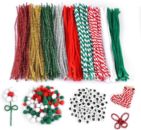 490pcs Christmas Pipe Cleaners Craft Chenille Stems with Fur Ball Set Self-Adhesive Eyes for Christmas Holidays Home School Parties Decoration (9 Colors) in Saudi Arabia