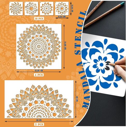 18x10 Inch Mandala Stencil Reusable Mandala Painting Templates Stencil Floral Design Stencil Mandala Drawing Craft Stencil for DIY Wall, Tile, Furniture, Canva, Outdoor Indoor Decoration 4 PCS in Kuwait