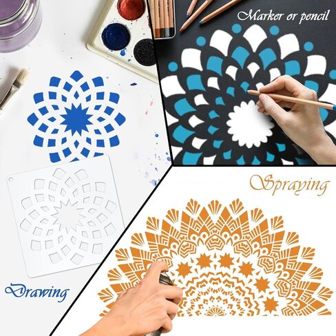 18x10 Inch Mandala Stencil Reusable Mandala Painting Templates Stencil Floral Design Stencil Mandala Drawing Craft Stencil for DIY Wall, Tile, Furniture, Canva, Outdoor Indoor Decoration 4 PCS in Kuwait