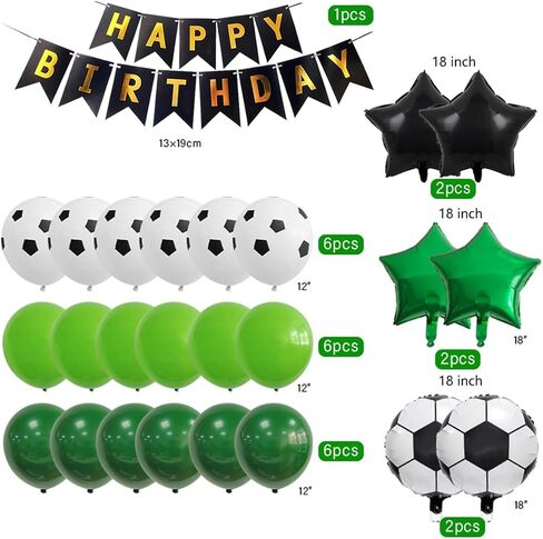 daimay 29pcs كرة القدم عيد ميلاد حزب الديكور الرياضة موضوع كرة القدم الطرف المورد بطل الكأس احباط بالون 13 عيد ميلاد سعيد راية أخضر أبيض أسود كرة القدم بالونات كعكة توبر لمحبي كرة القدم in Kuwait