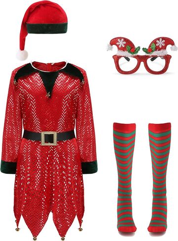 فستان أزياء Oumbivil Kids Elf للفتيات أزياء عيد الميلاد سانتا هيلبر مع نظارات قبعة قزم وجوارب عالية مخططة in Kuwait