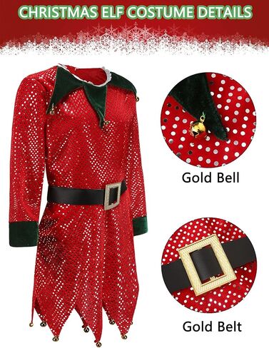 فستان أزياء Oumbivil Kids Elf للفتيات أزياء عيد الميلاد سانتا هيلبر مع نظارات قبعة قزم وجوارب عالية مخططة in Kuwait