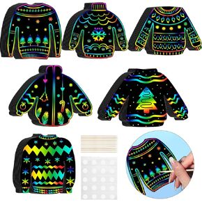 Wettarn 48 Pcs Ugly Sweaters Scratch Paper Christmas Scratch Ornaments for Kids Rainbow Art Christmas Tree Ornament Scratch Paper with Wooden Stylus for Kids Adults Christmas Party Handcraft Gift in Saudi Arabia
