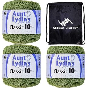 Aunt Lydia's Crochet Thread Classic Size 10 White 154-1 (3-Skeins) Same Dye Lot Size 10 Soft 100% Mercerized Cotton Bundle with 1 Artsiga Craft Bag
