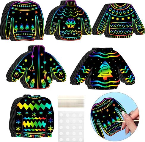 Wettarn 48 Pcs Ugly Sweaters Scratch Paper Christmas Scratch Ornaments for Kids Rainbow Art Christmas Tree Ornament Scratch Paper with Wooden Stylus for Kids Adults Christmas Party Handcraft Gift in Saudi Arabia