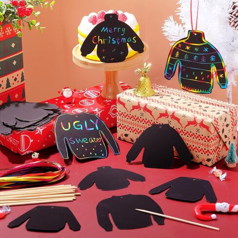 Wettarn 48 Pcs Ugly Sweaters Scratch Paper Christmas Scratch Ornaments for Kids Rainbow Art Christmas Tree Ornament Scratch Paper with Wooden Stylus for Kids Adults Christmas Party Handcraft Gift in Saudi Arabia
