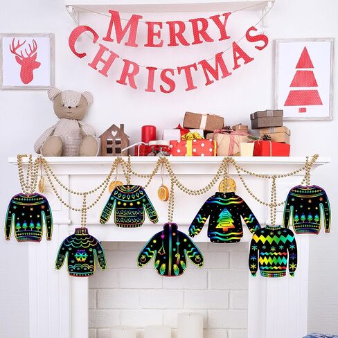 Wettarn 48 Pcs Ugly Sweaters Scratch Paper Christmas Scratch Ornaments for Kids Rainbow Art Christmas Tree Ornament Scratch Paper with Wooden Stylus for Kids Adults Christmas Party Handcraft Gift in Saudi Arabia