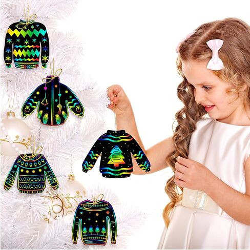 Wettarn 48 Pcs Ugly Sweaters Scratch Paper Christmas Scratch Ornaments for Kids Rainbow Art Christmas Tree Ornament Scratch Paper with Wooden Stylus for Kids Adults Christmas Party Handcraft Gift in Saudi Arabia