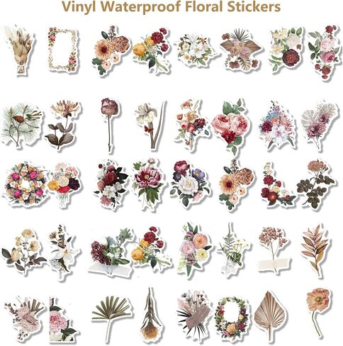 Vintage Flower Stickers 40 Pcs, Vinyl Waterproof Floral Plant Stickers for Scrapbook Journal Water Bottles Laptop Phone Computer Notebooks in Kuwait