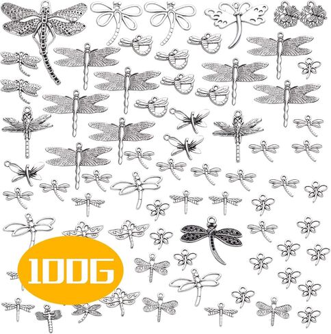 100g (About 50-80pcs) Antique Silver Dragonfly Charms Tibetan Insect Charms Pendants Craft Supplies for Bracelets Necklace Jewelry Making in Kuwait