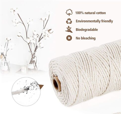 حبل مكرامية 2 مم × 722 قدم، حبال مكرامية باللون البيج، حبل من القطن الطبيعي، 3 جدائل من القطن الملتوي، بكرة حبل للتعليق على الحائط، مشاريع الحياكة اليدوية in Kuwait