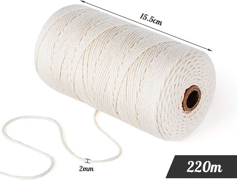 حبل مكرامية 2 مم × 722 قدم، حبال مكرامية باللون البيج، حبل من القطن الطبيعي، 3 جدائل من القطن الملتوي، بكرة حبل للتعليق على الحائط، مشاريع الحياكة اليدوية in Kuwait