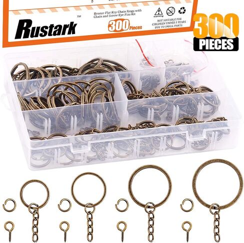 Rustark 300 Pcs Bronze Key Chain Rings Assortment Kit, 100Pcs Keychain Rings with Chain, Open Jump Rings and Screw Eye Pins for Crafts Charm Jewelry Making (20mm, 25mm, 30mm, 35mm) in Kuwait