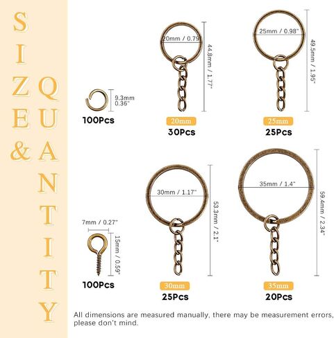 Rustark 300 Pcs Bronze Key Chain Rings Assortment Kit, 100Pcs Keychain Rings with Chain, Open Jump Rings and Screw Eye Pins for Crafts Charm Jewelry Making (20mm, 25mm, 30mm, 35mm) in Kuwait