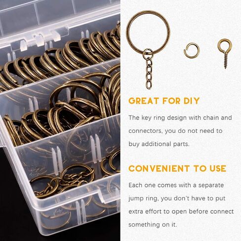 Rustark 300 Pcs Bronze Key Chain Rings Assortment Kit, 100Pcs Keychain Rings with Chain, Open Jump Rings and Screw Eye Pins for Crafts Charm Jewelry Making (20mm, 25mm, 30mm, 35mm) in Kuwait