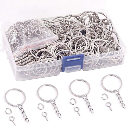 Rustark 300 Pcs Bronze Key Chain Rings Assortment Kit, 100Pcs Keychain Rings with Chain, Open Jump Rings and Screw Eye Pins for Crafts Charm Jewelry Making (20mm, 25mm, 30mm, 35mm) in Kuwait