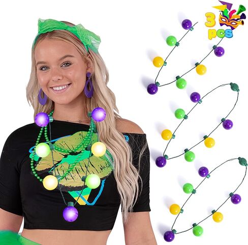 JOYIN 3 PCS Mardi Gras LED Bulb Necklace, Purple, Green, Gold LED Light Up Necklace with 6 lighting modes for Mardi Gras Party Favors Supplies, Masquerade Costume Accessories in Saudi Arabia