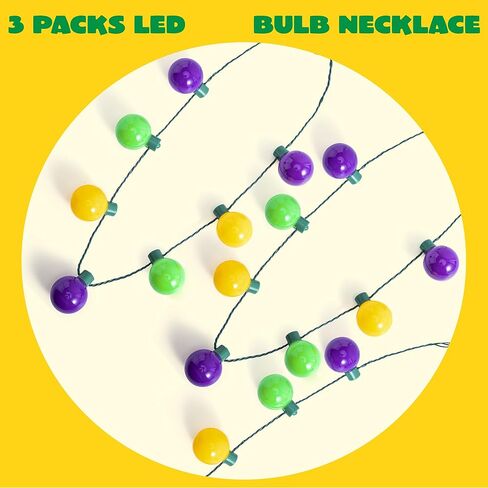 JOYIN 3 PCS Mardi Gras LED Bulb Necklace, Purple, Green, Gold LED Light Up Necklace with 6 lighting modes for Mardi Gras Party Favors Supplies, Masquerade Costume Accessories in Saudi Arabia