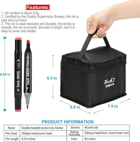 مجموعة علامات الكحول من JULAU رأس فرشاة: 80 لونًا مجموعة أقلام كحول للفنانين ذات طرف مزدوج مع حقيبة تنظيم للفنانين البالغين والأطفال المحترفين للرسم الدائم in Kuwait