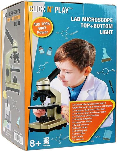 Click N' Play Microscope for Kids 3 Magnification Levels 40x 100x 400x Includes Slides Science Experiments & Accessories Portable Student Metal Microscope 52 pc set in Kuwait