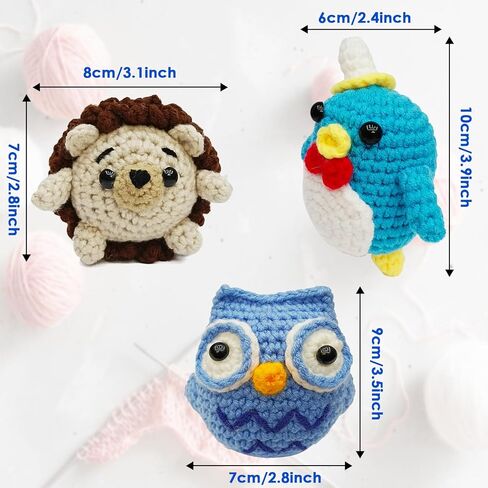 BicycleStore Crochet Kit for Beginners, 3PCS Crochet Starter Kit with Instructions and Video Tutorials Cute Animals DIY Craft Knitting Kits with Yarn, Hook, Needles, Keychain for Adults and Kid in Kuwait