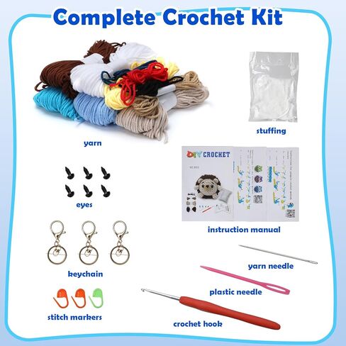 BicycleStore Crochet Kit for Beginners, 3PCS Crochet Starter Kit with Instructions and Video Tutorials Cute Animals DIY Craft Knitting Kits with Yarn, Hook, Needles, Keychain for Adults and Kid in Kuwait