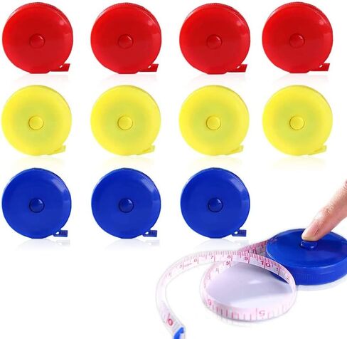 LZYMSZ 12 حزمة شريط قياس قابل للسحب، زر ضغط ناعم، شريط قياس جيب 60 بوصة / 150 سم مزدوج الجوانب لنسيج الخياطة اليدوية من القماش (أحمر، أزرق، أصفر) in Kuwait