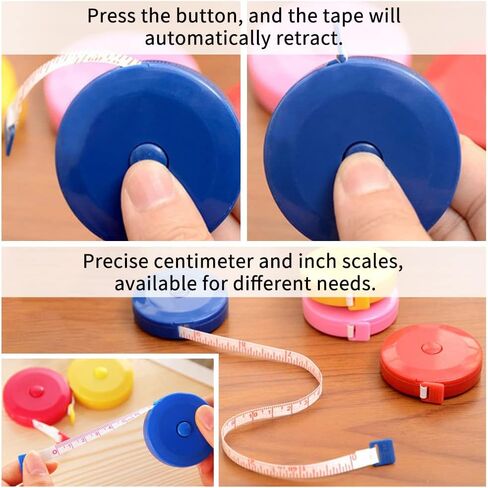 LZYMSZ 12 حزمة شريط قياس قابل للسحب، زر ضغط ناعم، شريط قياس جيب 60 بوصة / 150 سم مزدوج الجوانب لنسيج الخياطة اليدوية من القماش (أحمر، أزرق، أصفر) in Kuwait