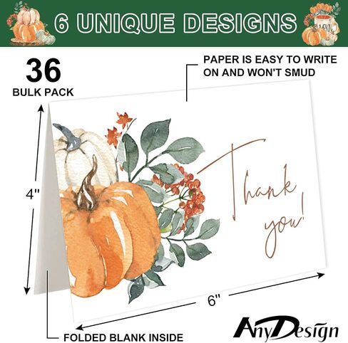 AnyDesign الخريف شكرا لك بطاقات السائبة 36 حزمة الألوان المائية الخريف اليقطين شكرا لك بطاقات ملاحظة مع مغلفات ملصقات عيد الشكر بطاقات معايدة فارغة لمستلزمات الحفلات، 4 × 6 بوصة in Saudi Arabia