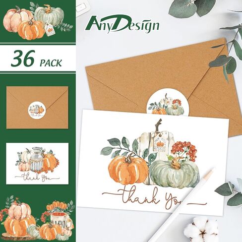 AnyDesign الخريف شكرا لك بطاقات السائبة 36 حزمة الألوان المائية الخريف اليقطين شكرا لك بطاقات ملاحظة مع مغلفات ملصقات عيد الشكر بطاقات معايدة فارغة لمستلزمات الحفلات، 4 × 6 بوصة in Saudi Arabia