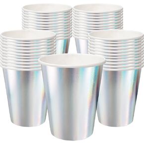 EaciTown 50 Pcs Iridescent Paper Cups Disco Party Cups Rainbow Silver Mermaid Unicorn Themed Birthday Party Supplies 9OZ
