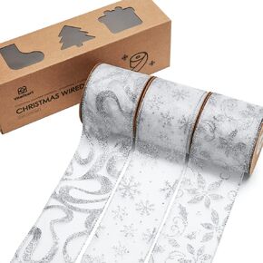 Vitalizart عيد الميلاد الشريط الشظية السلكية الأورجانزا الشريط الشفاف 2.5 بوصة × 10 ياردة بريق ندفة الثلج لتزيين شجرة هدية تغليف الحرف إكليل توبر القوس دعوات الزفاف باقات الزفاف in Kuwait