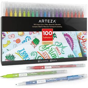 ARTEZA Dual Tip Brush Markers, Set of 48, Art Markers with Fine and Brush Tips, Dual Tip Pens for Adult Coloring, Calligraphy, Sketching, Doodling