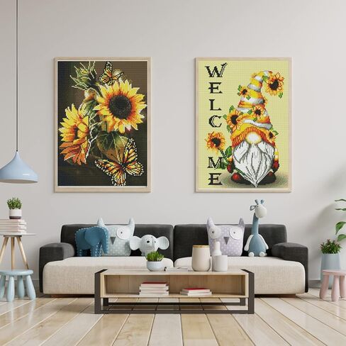 GAGMKXN 2 حزم عبر الابره مجموعات، عد مختومة عبر الابره مجموعات للبالغين المبتدئين، جنوم عباد الشمس مجموعة كاملة DIY التطريز التطريز مجموعات التطريز للجدار المنزل، 12 "× 16" in Kuwait