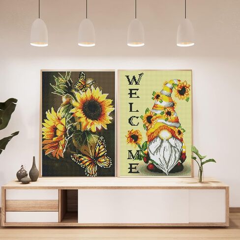 GAGMKXN 2 حزم عبر الابره مجموعات، عد مختومة عبر الابره مجموعات للبالغين المبتدئين، جنوم عباد الشمس مجموعة كاملة DIY التطريز التطريز مجموعات التطريز للجدار المنزل، 12 "× 16" in Kuwait