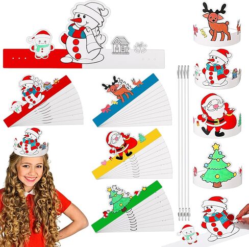 Zeyune 36 Pcs Christmas Headband Craft Paper Crowns Color Your Own Crowns with Elastic Cord Christmas Tree Santa Reindeer Snowmen Holiday Headbands for Party Classes Game Birthday Stocking Fillers in Saudi Arabia