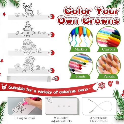 Zeyune 36 Pcs Christmas Headband Craft Paper Crowns Color Your Own Crowns with Elastic Cord Christmas Tree Santa Reindeer Snowmen Holiday Headbands for Party Classes Game Birthday Stocking Fillers in Saudi Arabia