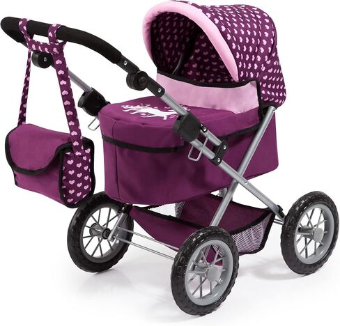 Bayer Design Dolls: Trendy Pram - Burgundy, Pink, Hearts - Includes Shoulder Bag, Fits Dolls Up to 18", Adjustable Handle, Kids Pretend Play, Shopping Basket, Easy to Fold, Ages 3+ in Saudi Arabia