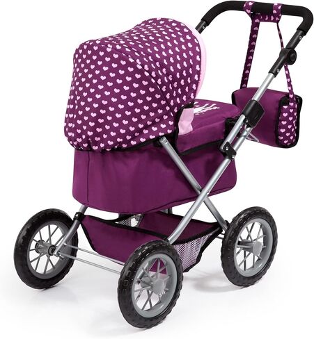 Bayer Design Dolls: Trendy Pram - Burgundy, Pink, Hearts - Includes Shoulder Bag, Fits Dolls Up to 18", Adjustable Handle, Kids Pretend Play, Shopping Basket, Easy to Fold, Ages 3+ in Saudi Arabia
