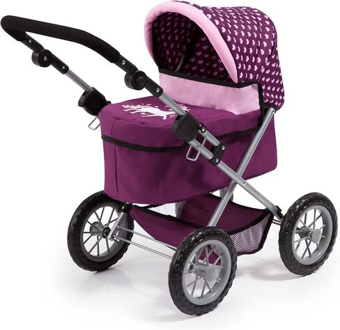 Bayer Design Dolls: Trendy Pram - Burgundy, Pink, Hearts - Includes Shoulder Bag, Fits Dolls Up to 18", Adjustable Handle, Kids Pretend Play, Shopping Basket, Easy to Fold, Ages 3+ in Saudi Arabia