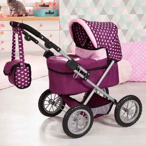 Bayer Design Dolls: Trendy Pram - Burgundy, Pink, Hearts - Includes Shoulder Bag, Fits Dolls Up to 18", Adjustable Handle, Kids Pretend Play, Shopping Basket, Easy to Fold, Ages 3+ in Saudi Arabia