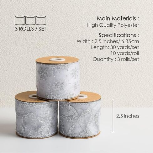 Vitalizart عيد الميلاد الشريط الشظية السلكية الأورجانزا الشريط الشفاف 2.5 بوصة × 10 ياردة بريق ندفة الثلج لتزيين شجرة هدية تغليف الحرف إكليل توبر القوس دعوات الزفاف باقات الزفاف in Kuwait